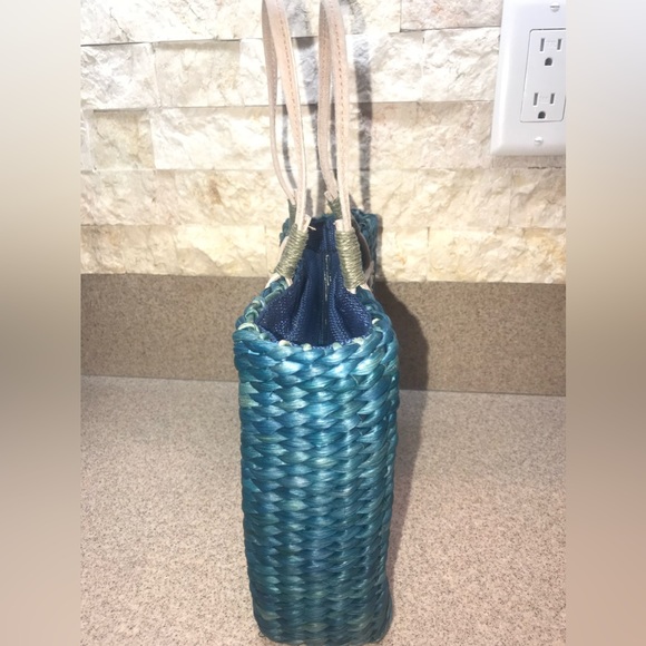 Sun N’ Sand teal turquoise blue basket weaved purse w/Cat art on front BoHo VNTG - Picture 2 of 8